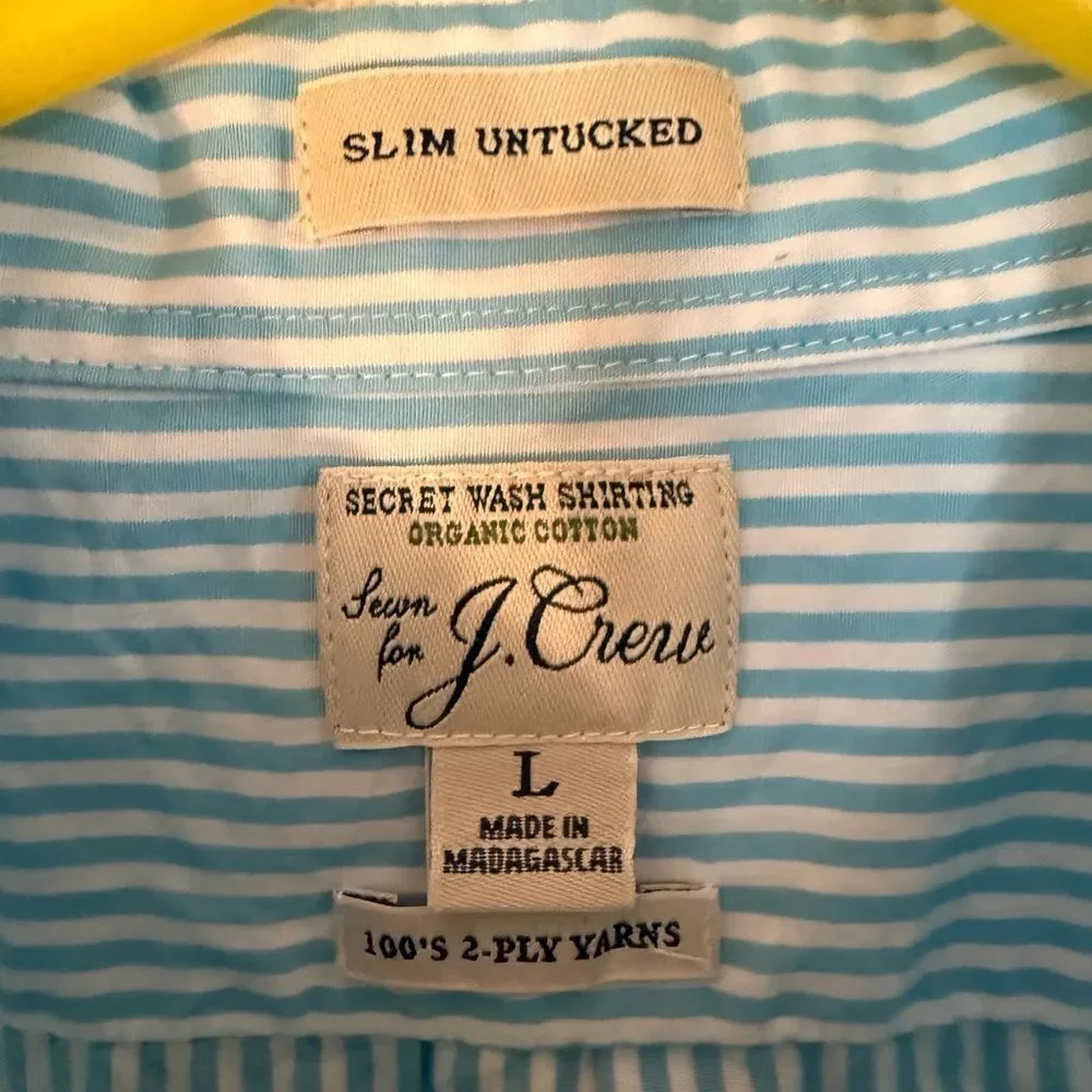 J. Crew Light Blue and White Striped Button-Down Shirt Organic Cotton Large